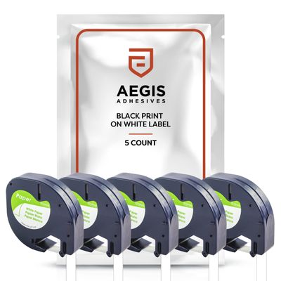 Aegis Adhesives - 5-Pack Label Tape Replacement for DYMO LetraTag Refills 91330 | 1/2" x 13' 12mm x 4m Black Print on White Paper Label Maker Tape | Compatible with DYMO LetraTag LT-100H Plus Printer