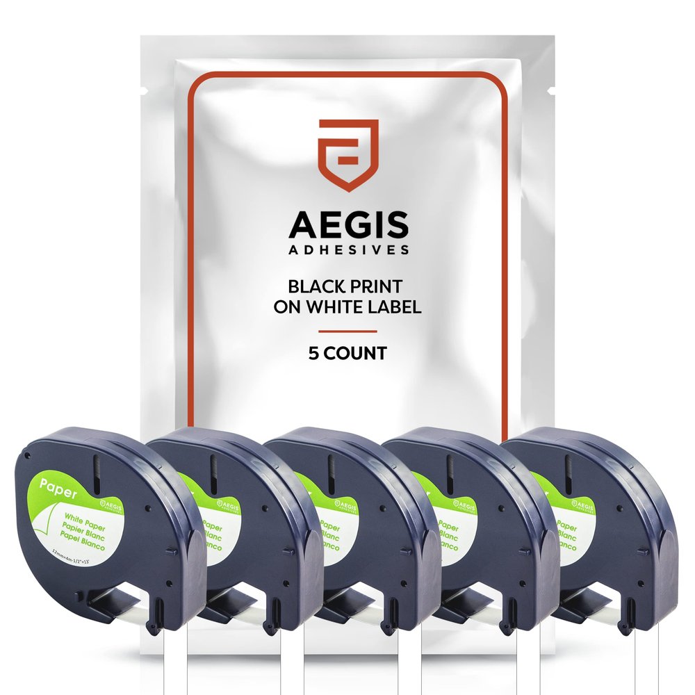 Aegis Adhesives - 5-Pack Label Tape Replacement for DYMO LetraTag Refills 91330 | 1/2" x 13' 12mm x 4m Black Print on White Paper Label Maker Tape | Compatible with DYMO LetraTag LT-100H Plus Printer