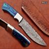 9.5" Long full tang blade skinning Knife, Rain drop pattern straight back hand forged Damascus steel, wood scale in 4 colors with steel bolster and inserting hole, Cow Leather sheath (Blue wood) view 1