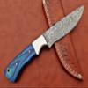 9.5" Long full tang blade skinning Knife, Rain drop pattern straight back hand forged Damascus steel, wood scale in 4 colors with steel bolster and inserting hole, Cow Leather sheath (Blue wood) view 2