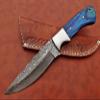 9.5" Long full tang blade skinning Knife, Rain drop pattern straight back hand forged Damascus steel, wood scale in 4 colors with steel bolster and inserting hole, Cow Leather sheath (Blue wood) view 3