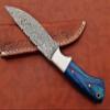 9.5" Long full tang blade skinning Knife, Rain drop pattern straight back hand forged Damascus steel, wood scale in 4 colors with steel bolster and inserting hole, Cow Leather sheath (Blue wood) view 4
