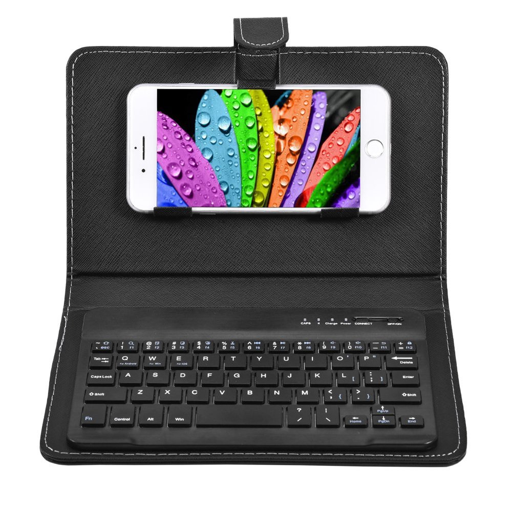 Diyeeni Bluetooth Keyboard with Portfolio Flip Leather Holster Case Cover for 4.5''6.8'' iOS, Android and Smart Phones Removable Keyboard PU Folding Leather Folio Keyboard Case