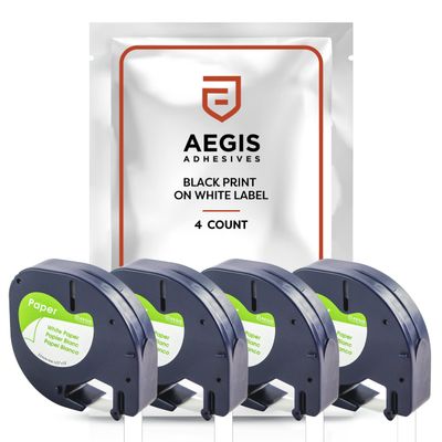 Aegis Adhesives - 4-Pack Label Tape Replacement for DYMO LetraTag Refills 91330 | 1/2" x 13' 12mm x 4m Black Print on White Paper Label Maker Tape | Compatible with DYMO LetraTag LT-100H Plus Printer