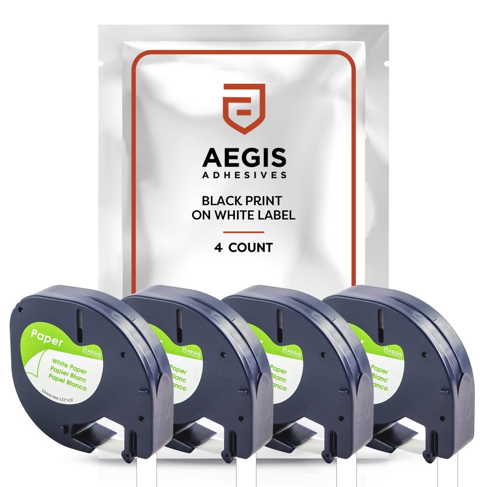Aegis Adhesives - 4-Pack Label Tape Replacement for DYMO LetraTag Refills 91330 | 1/2" x 13' 12mm x 4m Black Print on White Paper Label Maker Tape | Compatible with DYMO LetraTag LT-100H Plus Printer