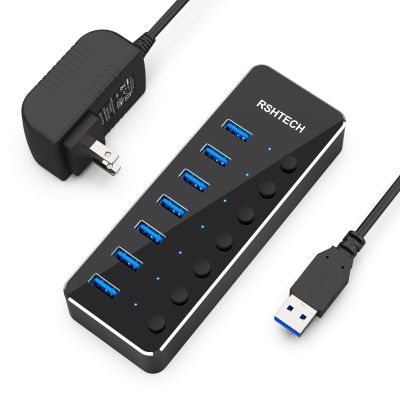 Case of 5, RSHTECH USB 3.0 Hub Powered 7 Port USB Extender Aluminum Splitter with Individual On/Off Switches (7-Ports)