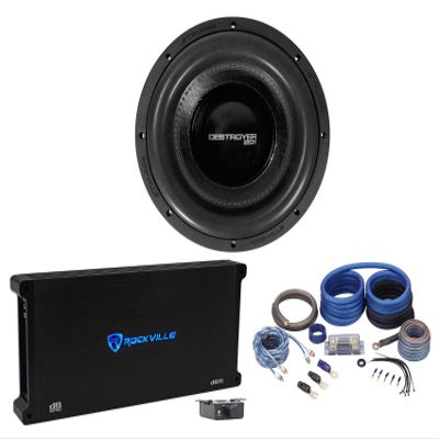 Rockville Destroyer 12D1 Bundle: 12 in Competition Car Audio Subwoofer with USA Voice Coils, dB16 Mono Amplifier, RWK0CU 0 AWG Gauge Complete Amp Installation Wire Kit, 3-Items