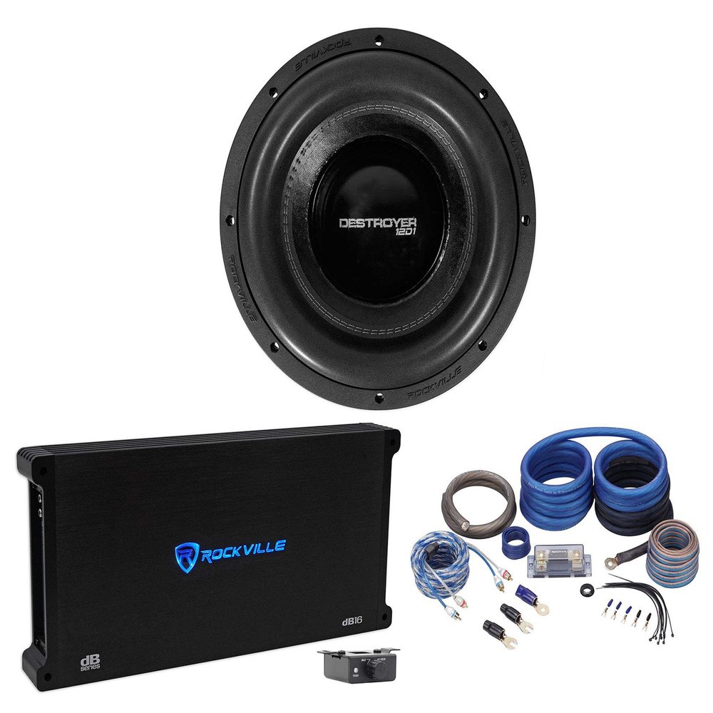 Rockville Destroyer 12D1 Bundle: 12 in Competition Car Audio Subwoofer with USA Voice Coils, dB16 Mono Amplifier, RWK0CU 0 AWG Gauge Complete Amp Installation Wire Kit, 3-Items
