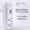 Wall Outlet Extender 2 AC Outlets & 2 USB Ports, Cruise Ship Approved, No Surge Protector Compact Travel Power Hub for Home, Dorm, Hotel & RV view 2