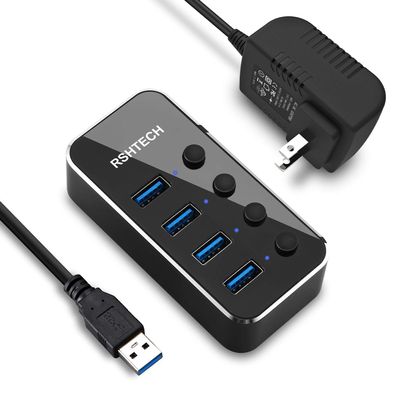 Case of 5, USB Hub 3.0 Powered RSHTECH 4 Port USB Splitter Portable Aluminum Data Hub with Individual On/Off Switch