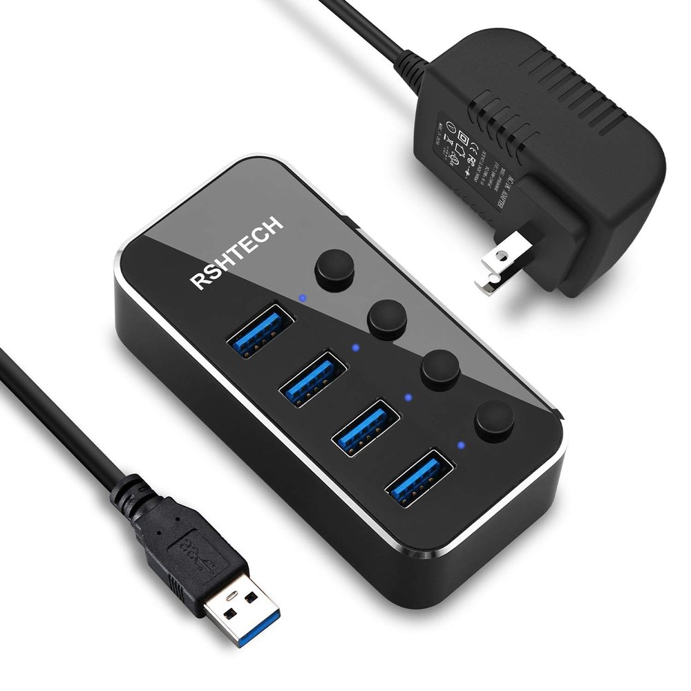 Case of 5, USB Hub 3.0 Powered RSHTECH 4 Port USB Splitter Portable Aluminum Data Hub with Individual On/Off Switch