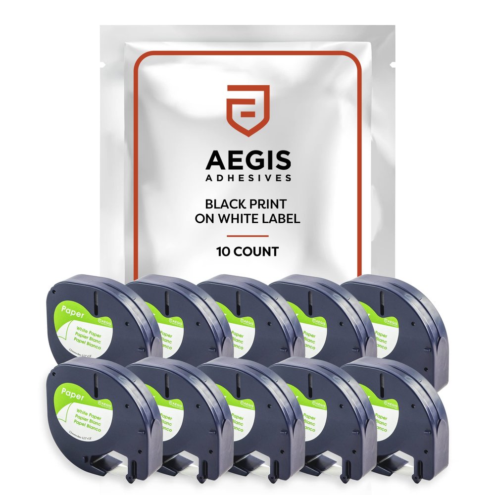 Aegis Adhesives - 10-Pack Label Tape Replacement for DYMO LetraTag Refills 91330 | 1/2" x 13' 12mm x 4m Black Print on White Paper Label Maker Tape, Compatible with DYMO LetraTag LT-100H Plus Printer