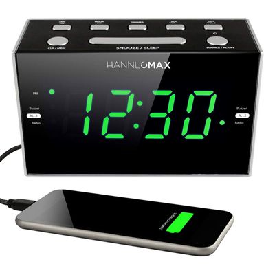 HANNLOMAX HX-122CR Alarm Clock Radio, PLL FM Radio, Dual Alarm, 1.2 inches Green LED Display, USB Port for 1A Charging, AC Power Operation only.