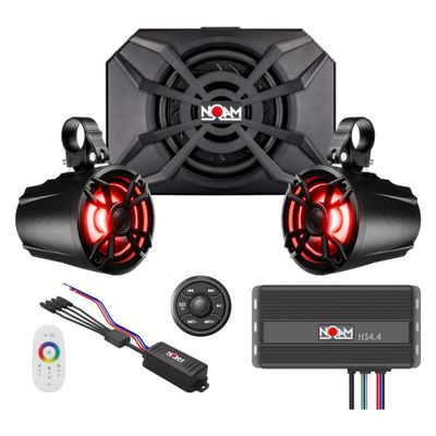 NOAM NUTV5-S V.2 - Marine ATV/Golf Cart/UTV Stereo System kit with 2 Waterproof LED Light Tower Speakers, Subwoofer, Weatherproof Controller with Bluetooth and AUX Input and Four Channels Amplifier