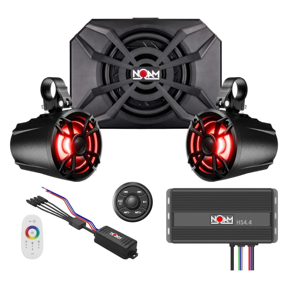 NOAM NUTV5-S V.2 - Marine ATV/Golf Cart/UTV Stereo System kit with 2 Waterproof LED Light Tower Speakers, Subwoofer, Weatherproof Controller with Bluetooth and AUX Input and Four Channels Amplifier