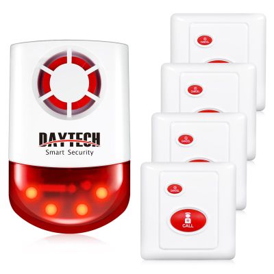 Daytech Remote Emergency Strobe Siren Alarm Kit Waterproof Outdoor Loud Panic Sos Warning System for Business Home Shop Hotel School 800ft 1 Red Flashing Siren+ 4 Call Buttons
