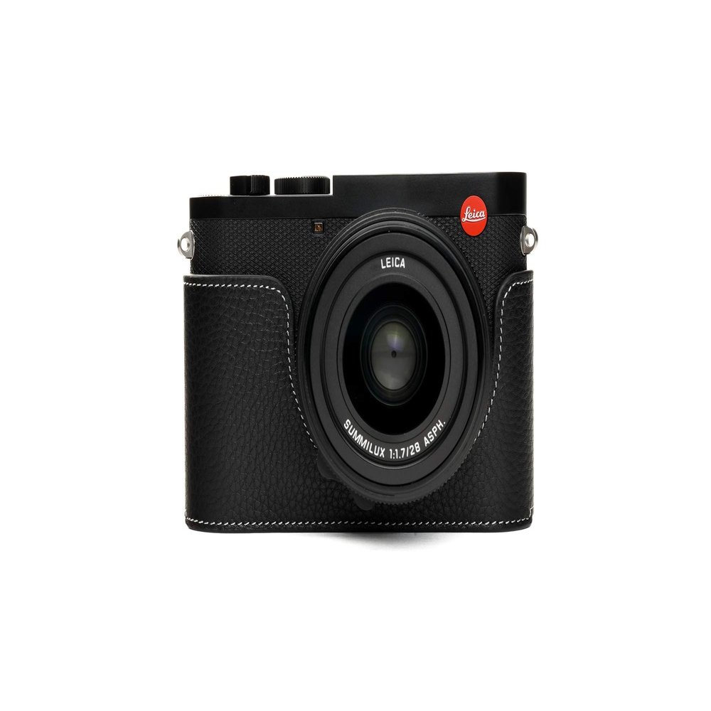 Leica Q2 Camera Case, BolinUS Handmade Genuine Real Leather Half Camera Case Bag Cover for Leica Q2 Camera Bottom Opening Version + Hand Strap (Black)