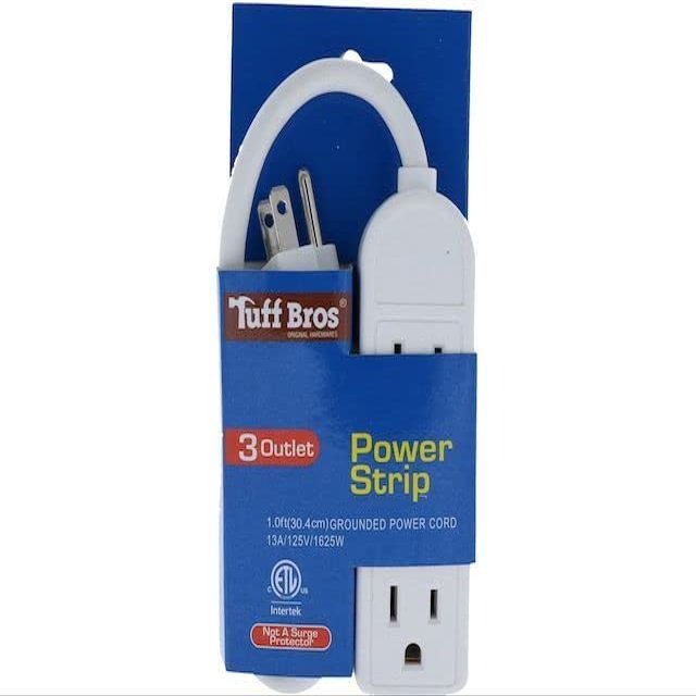 1 Foot White Durable Heavy Duty 3 Outlet 13A / 125V / 1625W 16 Gauge Power Strip