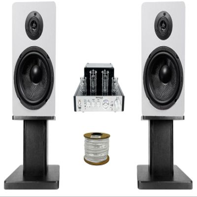 Rockville BluTube 70w Tube Amplifier Receiver Bundle Blue 14G50 OFC, (2) RockShelf 64W 400w Bookshelf Speakers & (2) RHT8B Bookshelf Speaker Stands (4 Items)