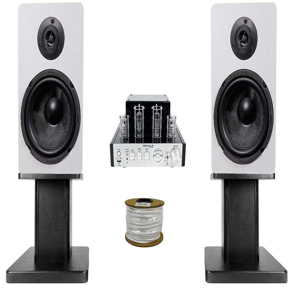Rockville BluTube 70w Tube Amplifier Receiver Bundle Blue 14G50 OFC, (2) RockShelf 64W 400w Bookshelf Speakers & (2) RHT8B Bookshelf Speaker Stands (4 Items)