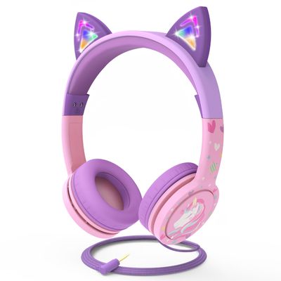 FosPower Kids Headphones with LED Cat Ears (85dB Safe Volume Limit), 3.5mm Soft On-Ear Wired Headphones with Tangle-Free Laced Cables for iPad/Tablet/School/Travel - Baby Pink/Lavender