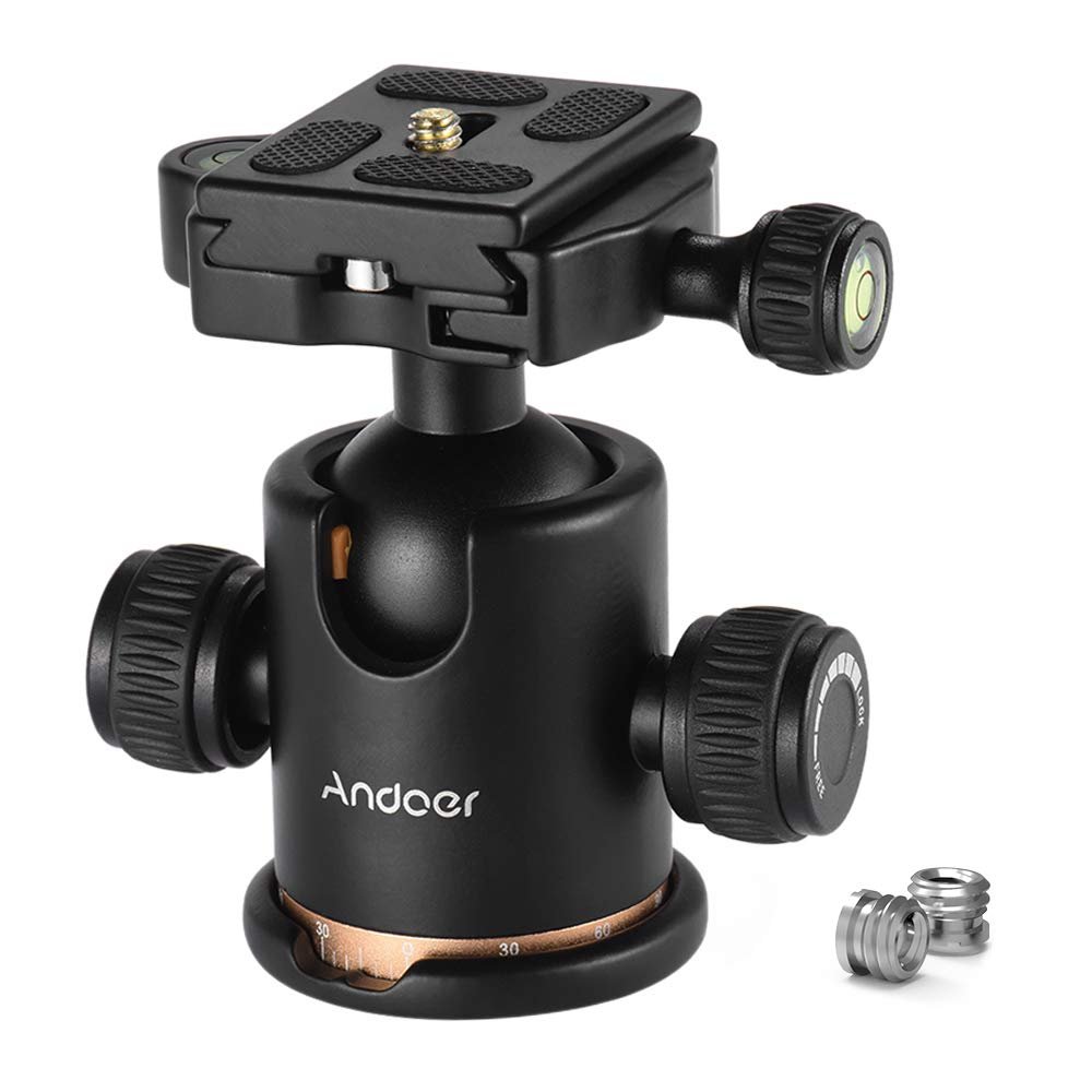 Andoer Tripod Ball Head, DSLR Camera Tripod Ball Head with 1/4 inch Quick Release Plate and Bubble Level, 360 Degree Rotating Panoramic Ball Head for Tripod, Monopod, Slider, DSLR Camera, Camcorder