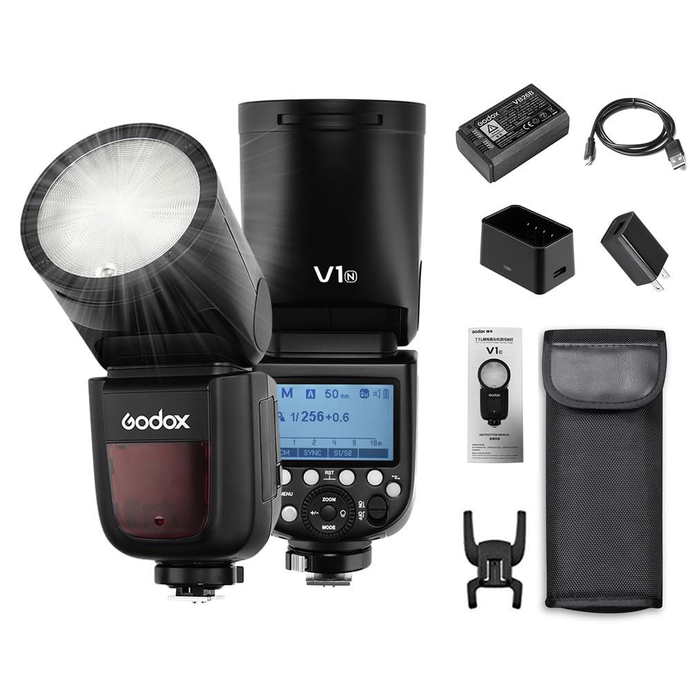 Godox V1N Professional Camera Flash Speedlite Speedlight Round Head Wireless 2.4G Fresnel Zoom for Nikon D5300 D750 D850 D7100 Z7Cameras Camcorder for Wedding Portrait Studio Photography