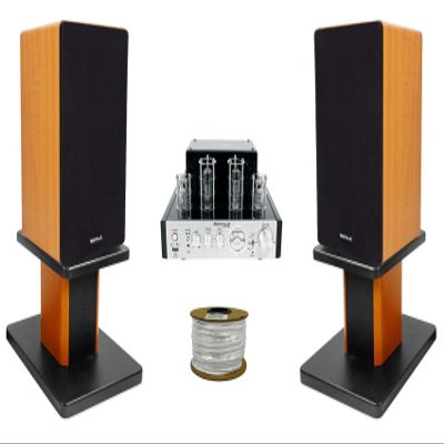 Rockville BluTube Bundle: 70W Tube Amplifier w/Bluetooth, (2) ROCKSHELF 6.5 in Home Theater Bookshelf Speakers, (2) RHT8C 8" Wood Speaker Stands, 100ft 14G CL2 CCA Speaker Wire, 6-Items