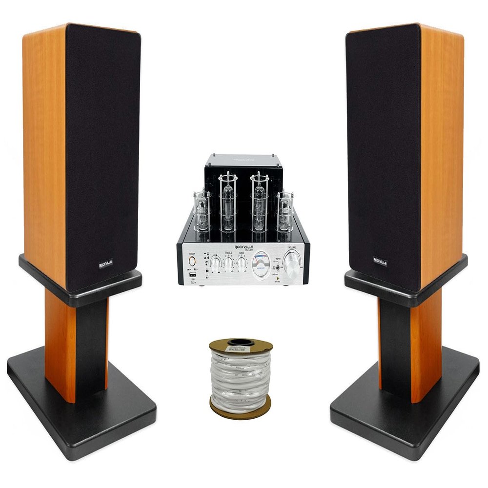 Rockville BluTube Bundle: 70W Tube Amplifier w/Bluetooth, (2) ROCKSHELF 6.5 in Home Theater Bookshelf Speakers, (2) RHT8C 8" Wood Speaker Stands, 100ft 14G CL2 CCA Speaker Wire, 6-Items