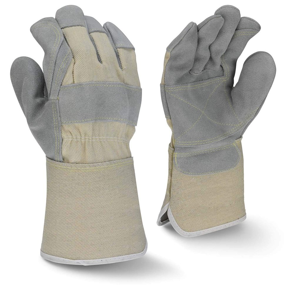 Side Split Gray Cowhide Leather Glove with Gauntlet Cuff