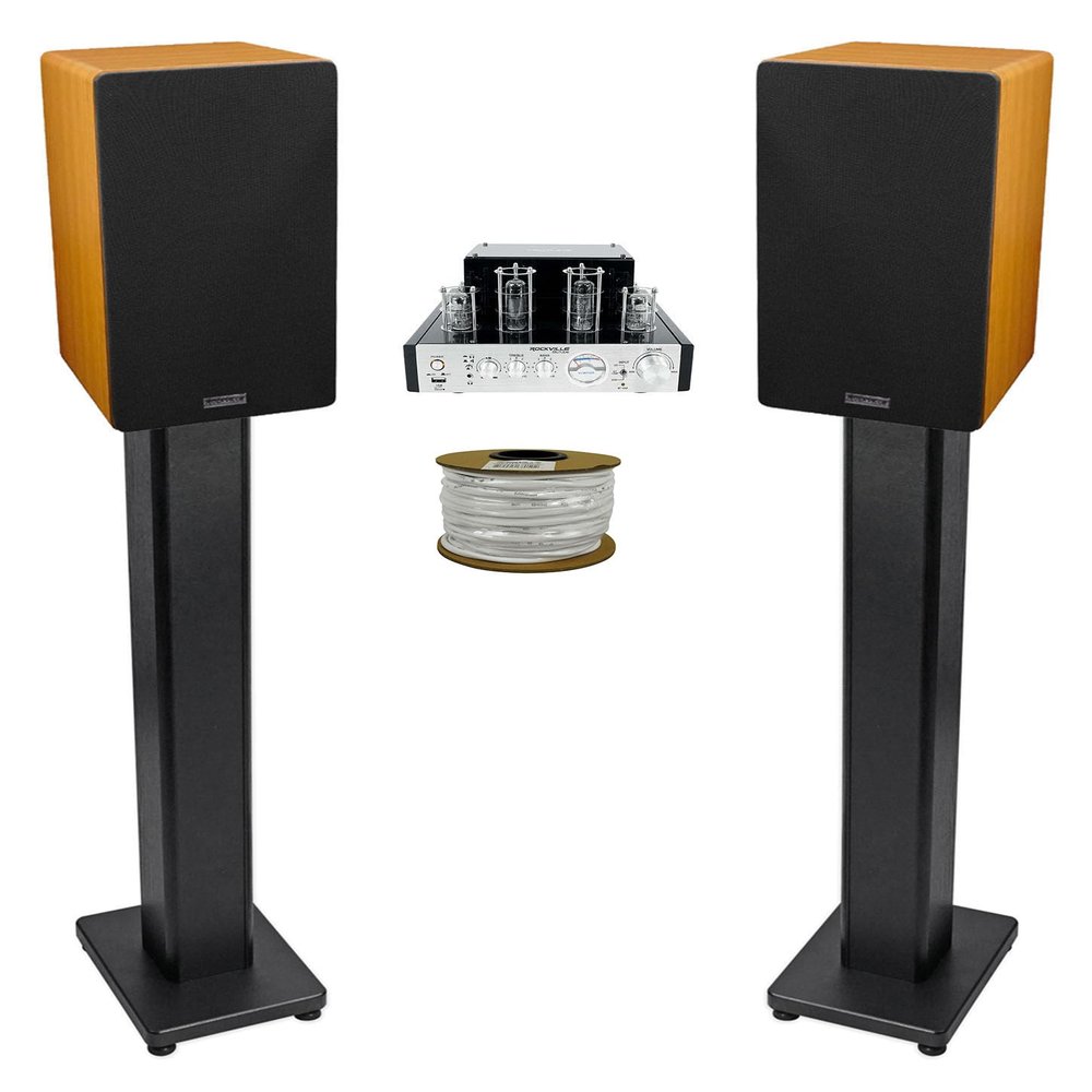 Rockville BluTube Bundle: 70w Tube Amplifier w/Bluetooth, (2) 6.5 in Wood 400w Home Theater Bookshelf Speakers, (2) 36 in Wood Speaker Stands, 100ft 14G CL2 CCA Speaker Wire, 6-Items