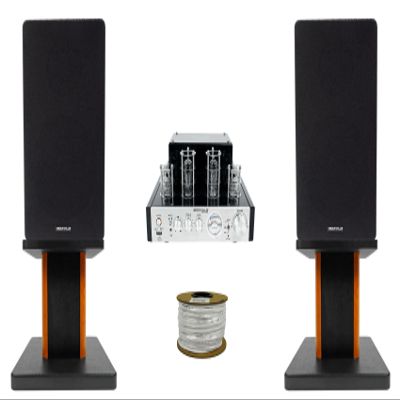 Rockville BluTube Bundle: 70W Tube Bluetooth Amplifier Receiver, (2) RockShelf 64B 6.5" 400W Peak/100W RMS 4-Ohm Black Bookshelf Speakers, (2) RHT8C Wood Stands, RCC14-100-2 100ft Wire, 6-Items