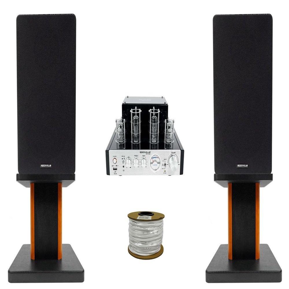 Rockville BluTube Bundle: 70W Tube Bluetooth Amplifier Receiver, (2) RockShelf 64B 6.5" 400W Peak/100W RMS 4-Ohm Black Bookshelf Speakers, (2) RHT8C Wood Stands, RCC14-100-2 100ft Wire, 6-Items