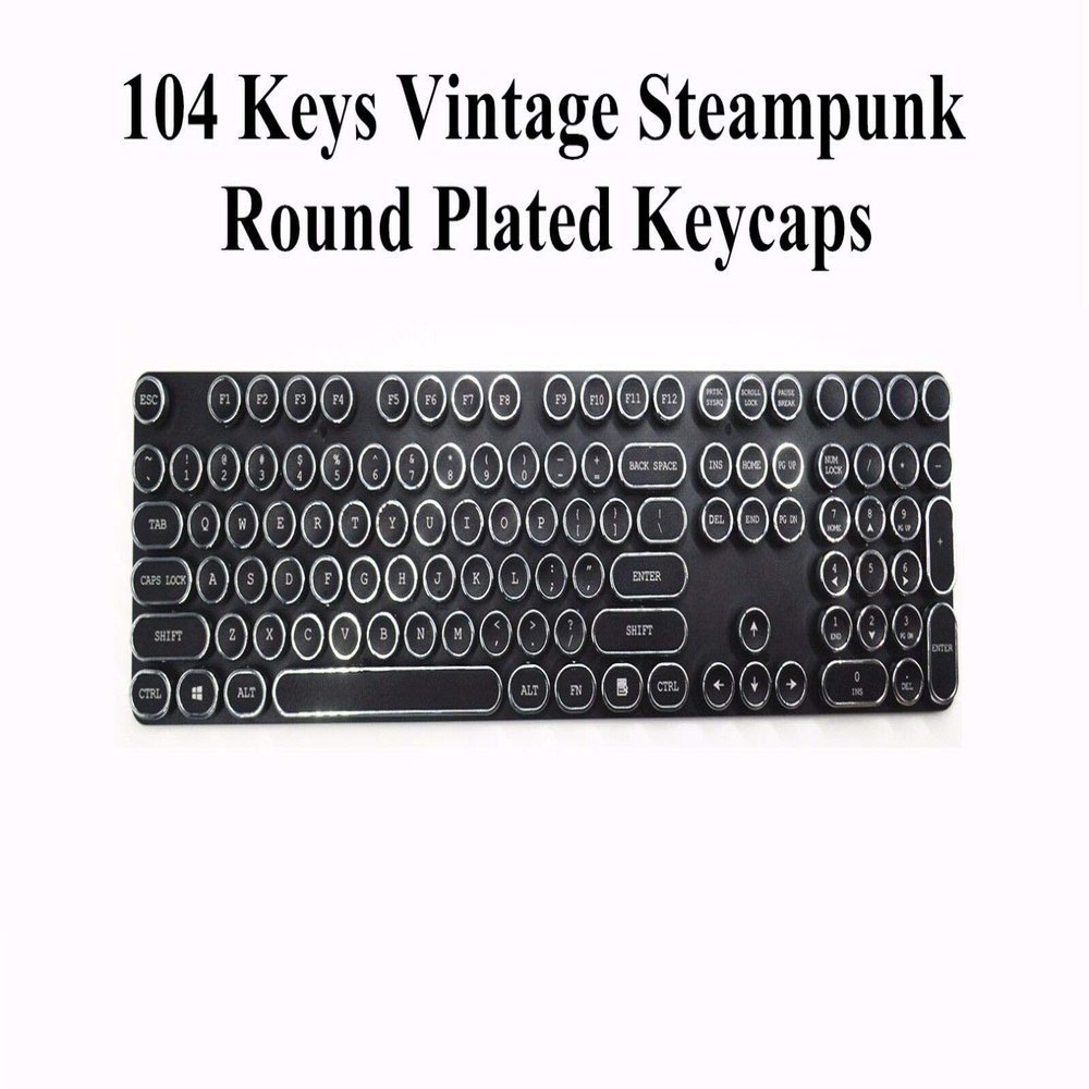 104 Keys Steampunk Round Golden Silver Black White Keycap Key Cap Keycaps ANSI Layout for Cherry MX Gaming Mechanical Keyboard,Only Keycaps,not Keyboard (Black Silver)
