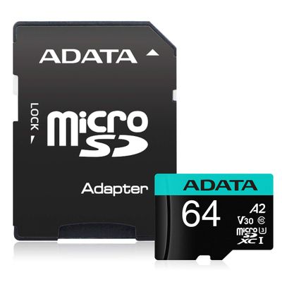 ADATA Premier Pro 64GB MicroSDXC UHS-I U3 V30 Class 10 A2 MircoSD Memory Card with Adapter AUSDX64GUI3V30SA2-RA1
