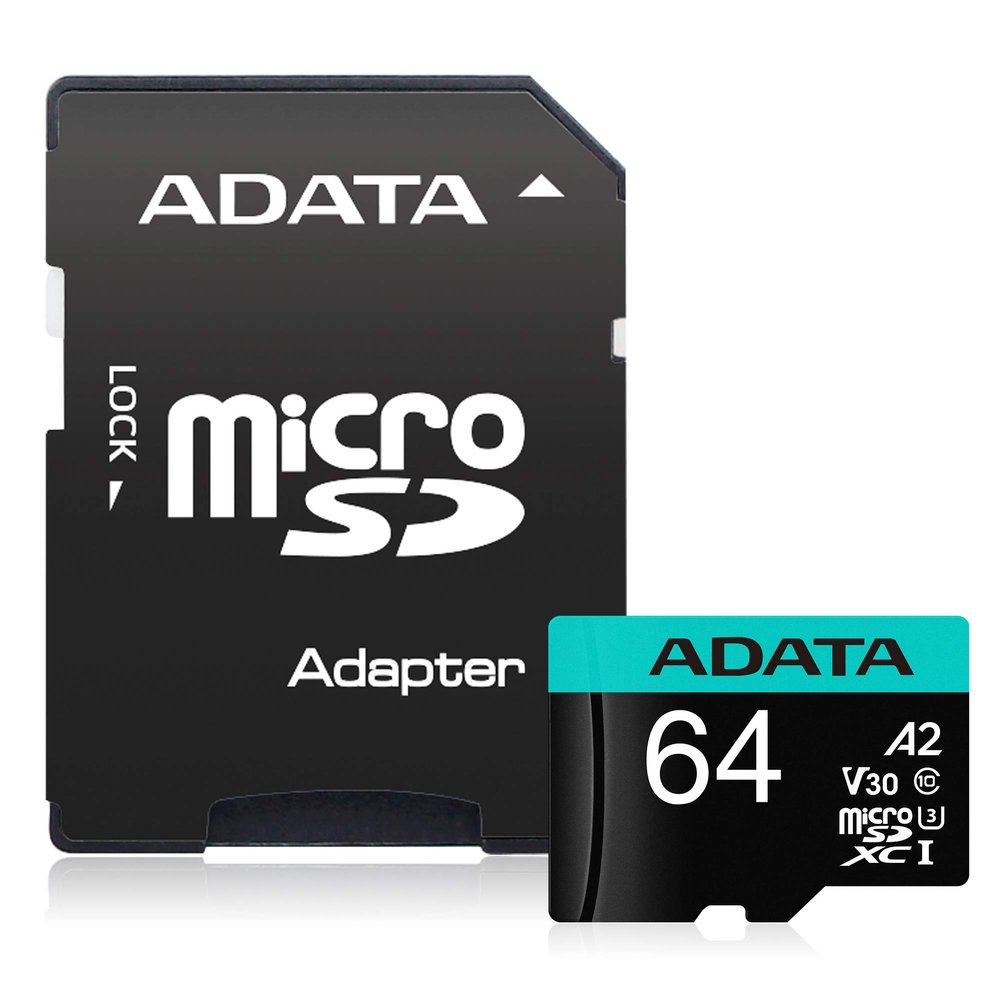 ADATA Premier Pro 64GB MicroSDXC UHS-I U3 V30 Class 10 A2 MircoSD Memory Card with Adapter AUSDX64GUI3V30SA2-RA1