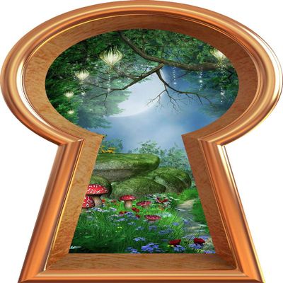 48" Bronze Keyhole 3D Window Wall Decal Enchanted Lantern Forest Wonderland Kids Room Decor Fantasy Mushroom Fairy Tale Removable Vinyl Wall Sticker - 48" Tall x 27.2" Wide