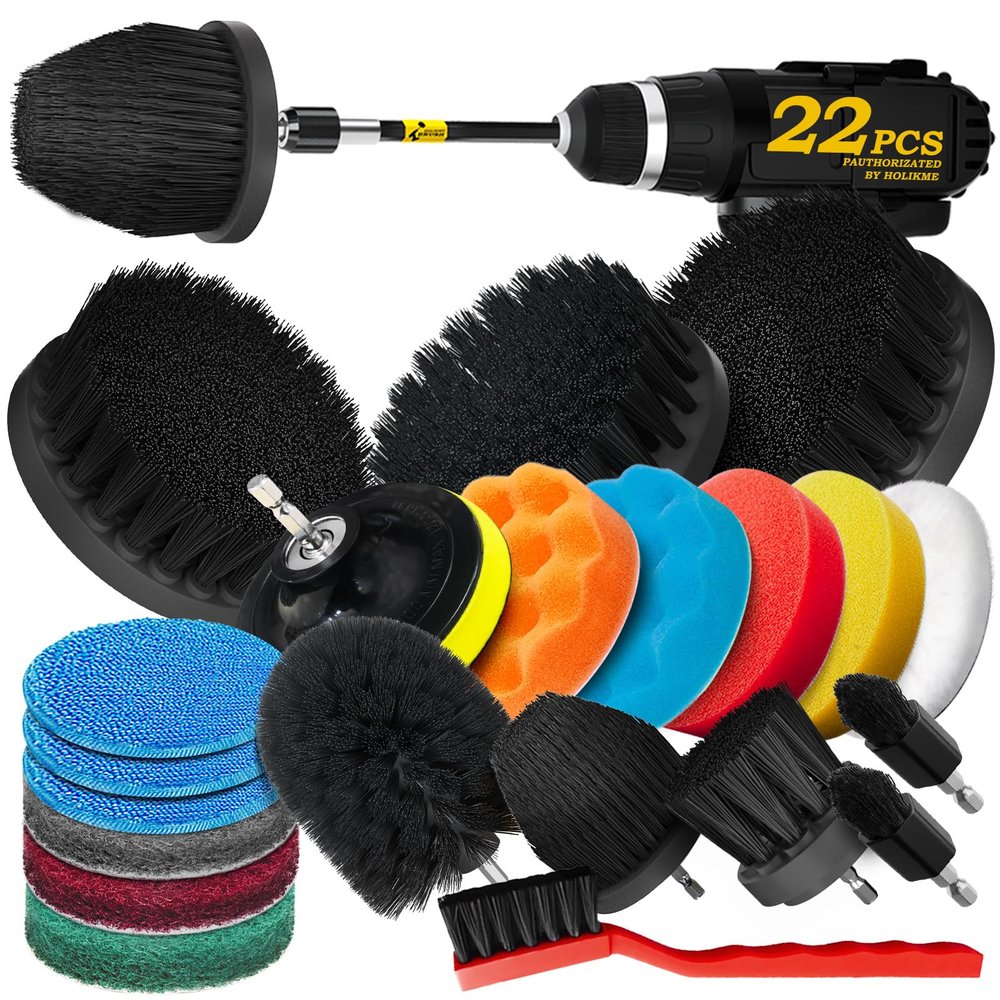 Holikme 22Pack Drill Brush Attachments Set, Scrub Pads & Sponge, Buffing Pads, Power Scrubber Brush, Car Polishing Pad Kit,Wax Applicator Pad,Car Cleaning KitCleaning SuppliesMasonry Brushes,Black
