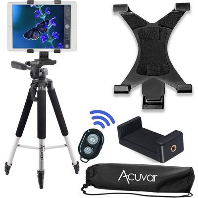 Acuvar 57" inch Pro Series Tripod, Tablet Mount + Acuvar Universal Smartphone Mount + Wireless Remote for All Smartphone and Tablet Devices + eCostConnection Microfiber Cloth