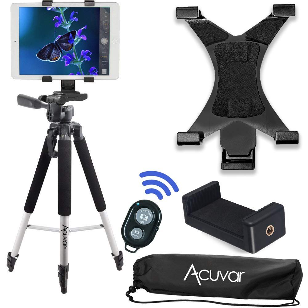 Acuvar 57" inch Pro Series Tripod, Tablet Mount + Acuvar Universal Smartphone Mount + Wireless Remote for All Smartphone and Tablet Devices + eCostConnection Microfiber Cloth