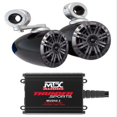 (1) Pair Kicker 45KM44 4" 150W Weatherproof Speakers Bundle with (1) Pair Kicker KMMTES Marine Wakeboard Tower Enclosures Speakers and (1) MTX MUD50.2 100 Watt Compatible with Polaris (3 Items)