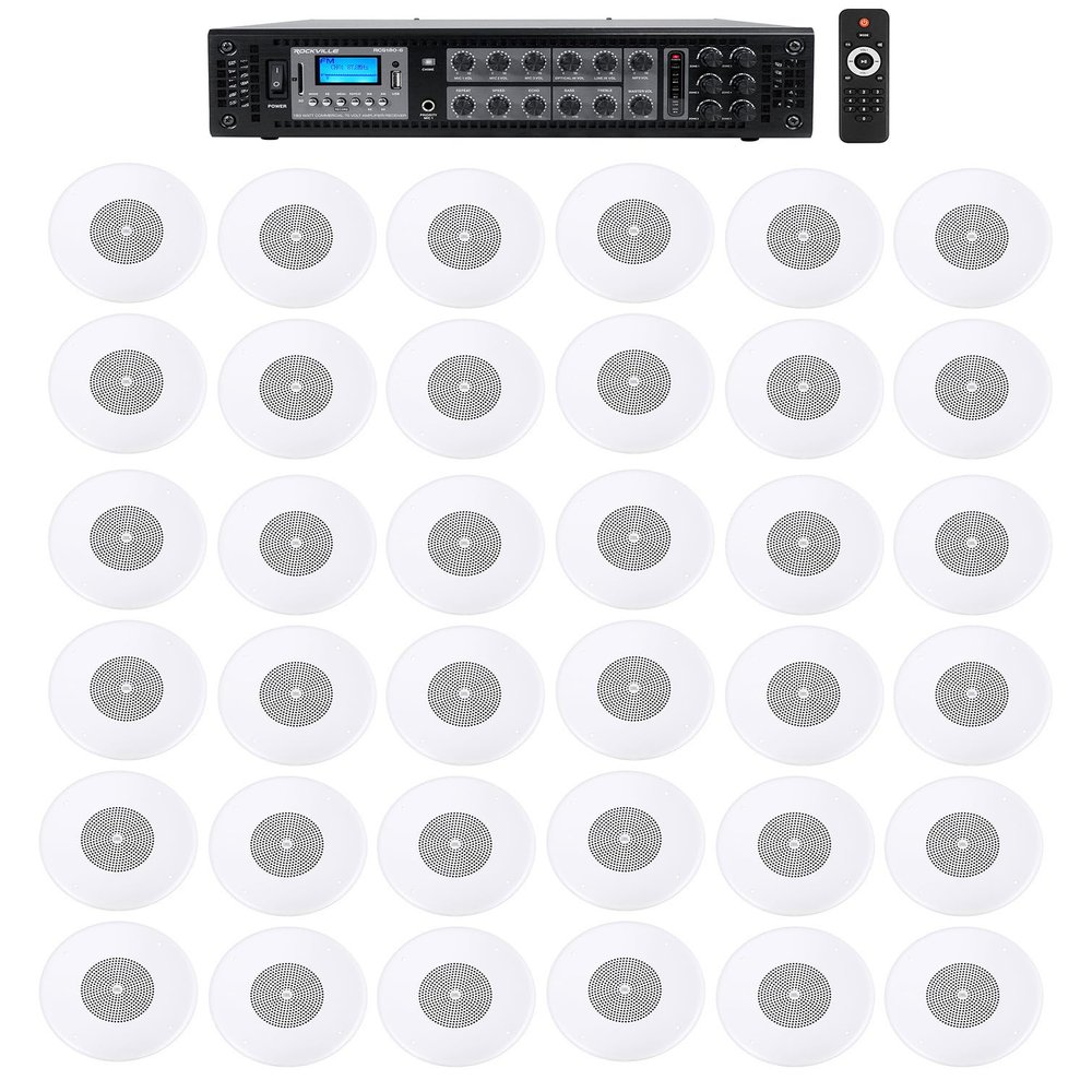 Rockville RCS180-6 180 Watt 6 Zone 70v Commercial/Restaurant Amplifier/Bluetooth Bundle with (36) JBI CSS8004 4" Commercial 70V/100V 5w Ceiling Speaker for Restaurant/Bar/Cafe