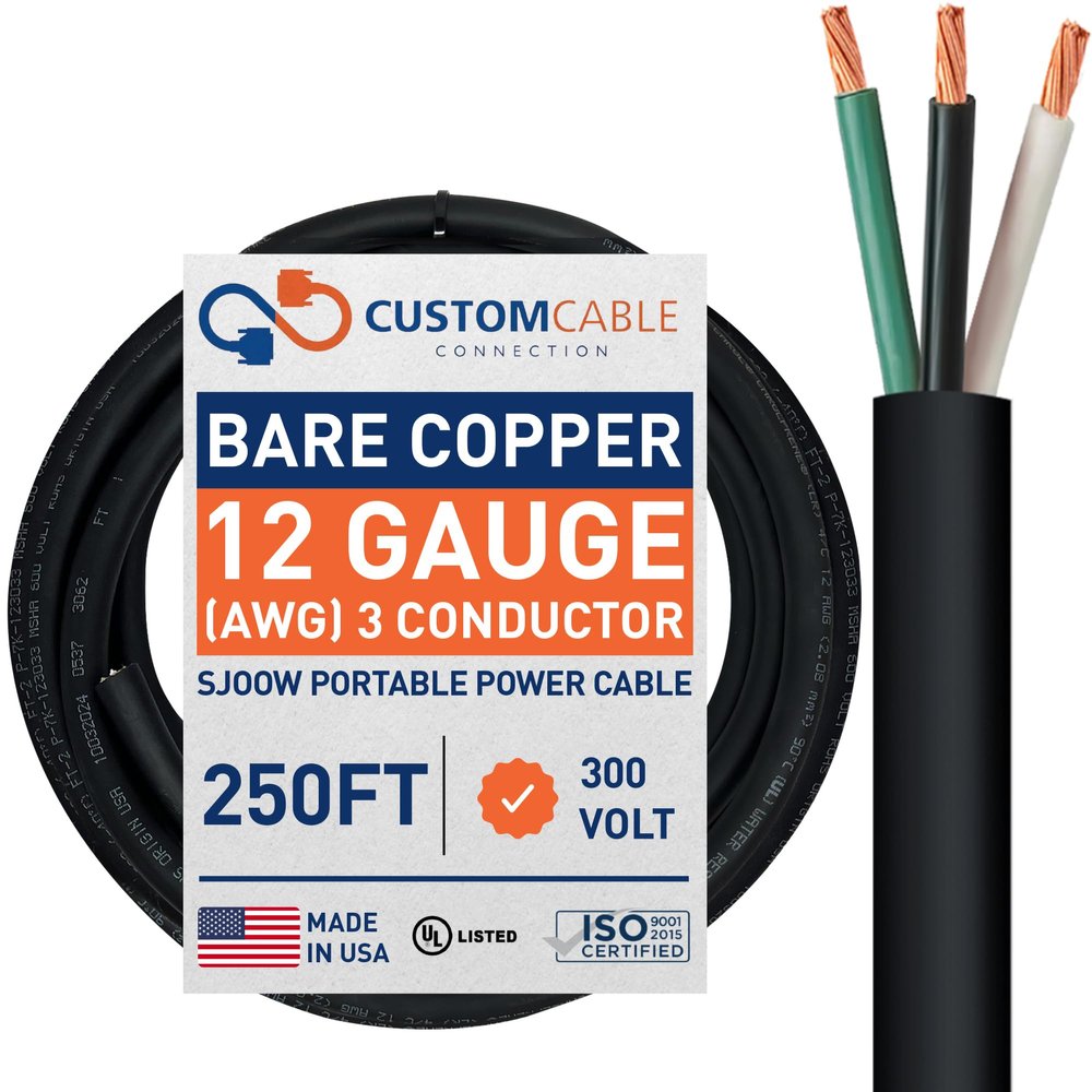 12/3 SJOOW 300V Cable  12 Gauge (12 AWG) Portable Power Cable with 3 Conductors  Fully Annealed Stranded Bare Copper Wires  Water & Oil Resistant for Heavy Duty Industrial Use  USA Made (250ft)