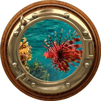 24 inch PortScape Exotic Lionfish 1 Brasswood Porthole Window Wall Decal Removable Fabric Vinyl Ocean Portal Wall Sticker Coral Reef Fish Under The Sea