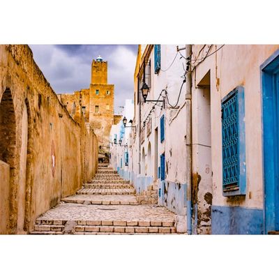 Leyiyi 15x10ft Blue Wall Building Backdrop Shabby Brick Wall Stone Steps Town Style Photography Background Personal Portraits Studio Props