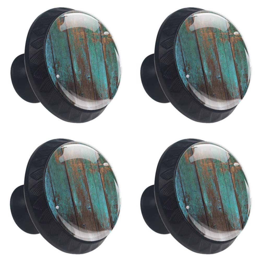 4 Pieces Set Cabinets Hardware Round Furniture Knobs Country Rustic Distressed Teal Green Barn Wood Print,Drawer Dresser Cupboard Wardrobe Pulls Handles for Home Kitchen