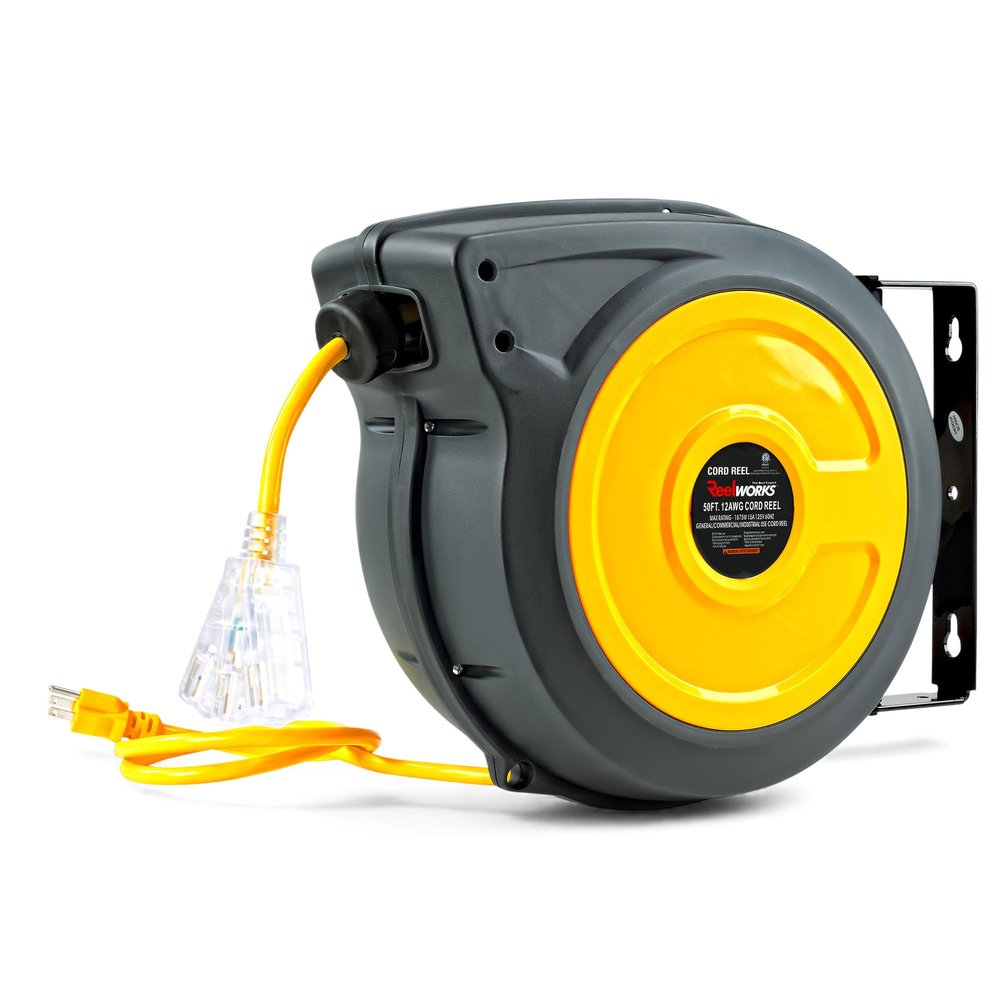 ReelWorks Extension Cord Reel Retractable 12AWG x 50' Foot 3C/SJTOW Glow Strip Cable and Lightup Triple Tap Connector Advanced Slow Retraction Technology (SRT)