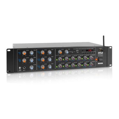 Pyle 12 Channel Power Amplifier w Bluetooth Wireless- 600W Max Power Rack Mount Amplifier with Multi-Zone Sound MixerRCA, USB and AUX inputs-Great for Restaurant, Theater, Studio or Stage- PT12050CH