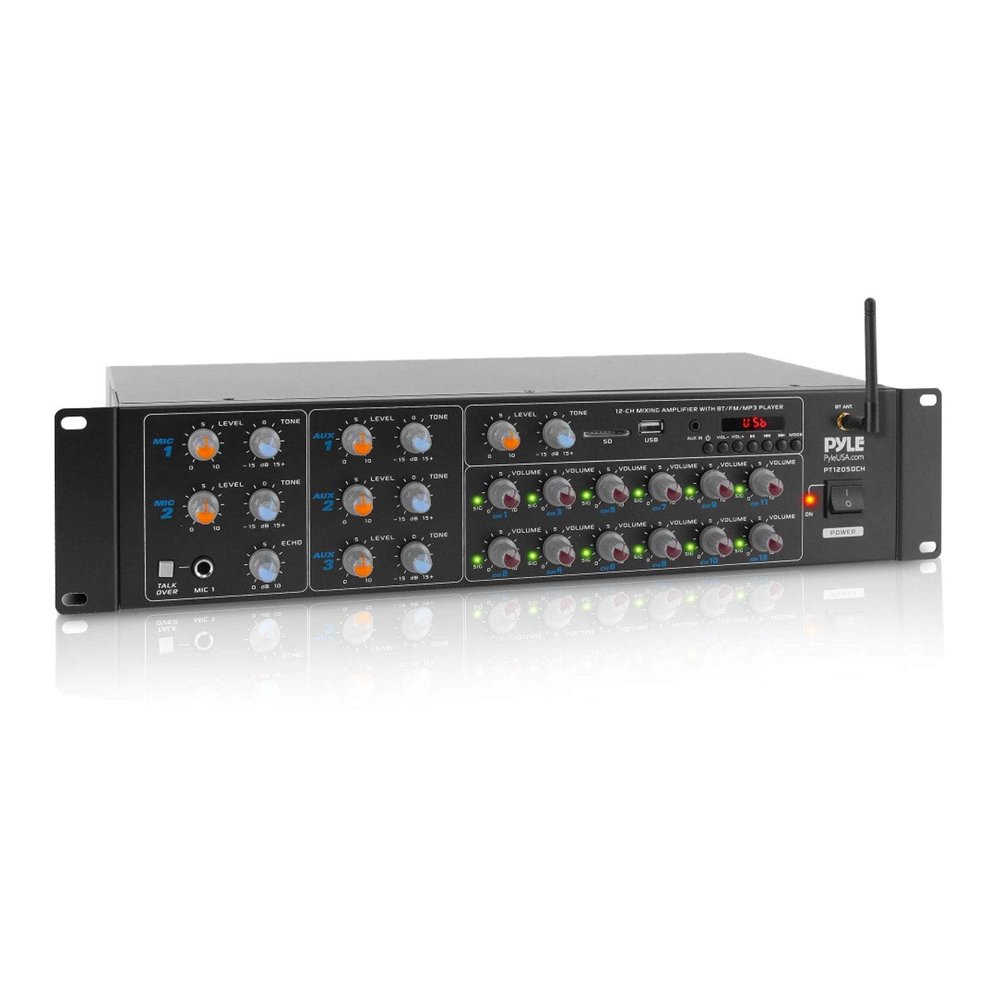 Pyle 12 Channel Power Amplifier w Bluetooth Wireless- 600W Max Power Rack Mount Amplifier with Multi-Zone Sound MixerRCA, USB and AUX inputs-Great for Restaurant, Theater, Studio or Stage- PT12050CH