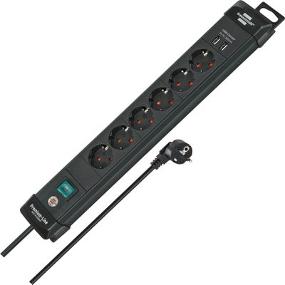 Brennenstuhl Premium-Line Power Strip 6-fold (Extension Lead with 3m Cable and Switch, with Hanging Device, 2-fold USB 3.1 A, mountable, Made in Germany) Black